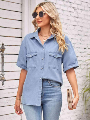 Collared Neck Short Sleeve Denim Shirt - MXSTUDIO.COM