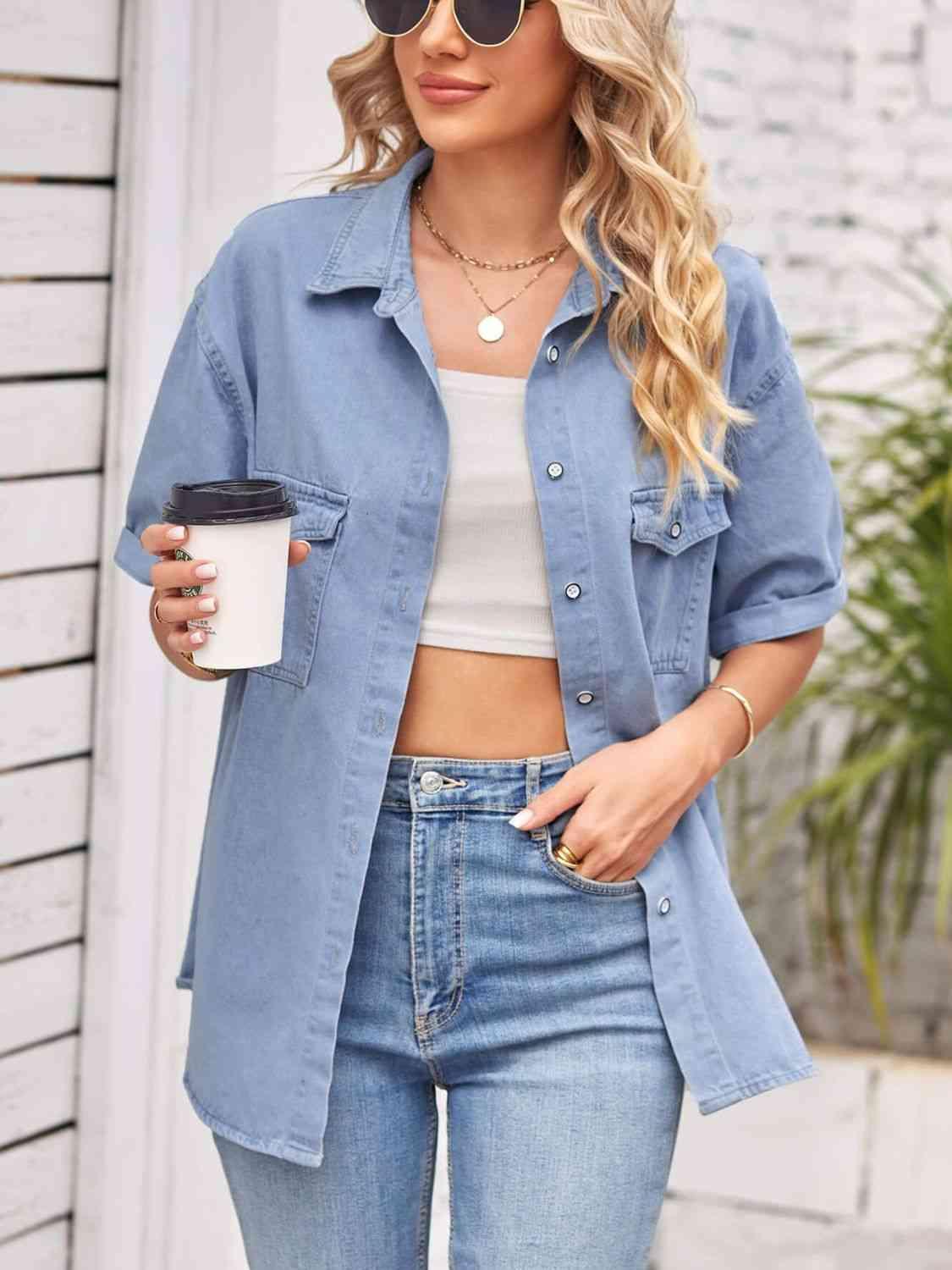 Collared Neck Short Sleeve Denim Shirt - MXSTUDIO.COM