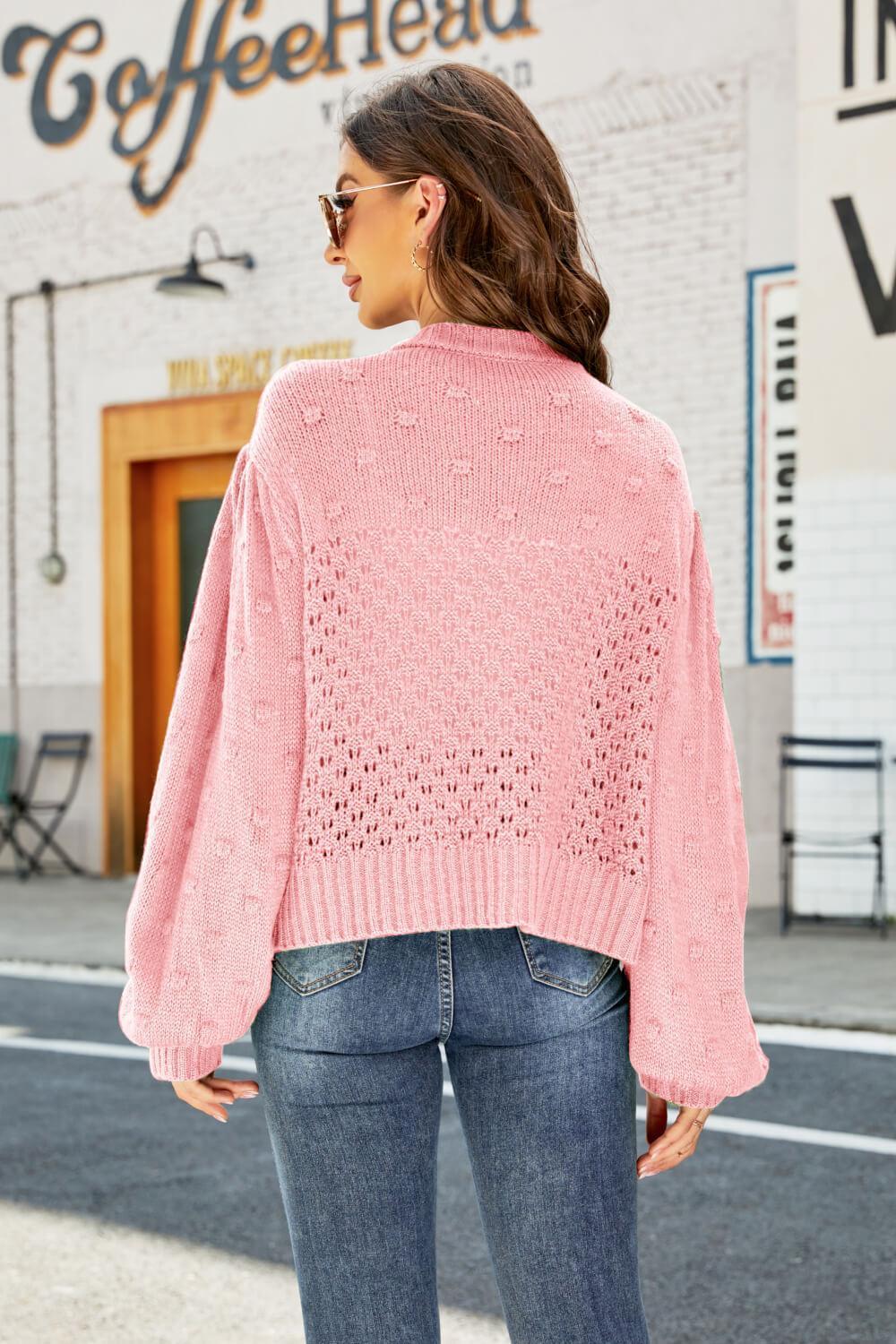 Collect Cheers Openwork Pompom Puff Sleeve Cardigan - MXSTUDIO.COM