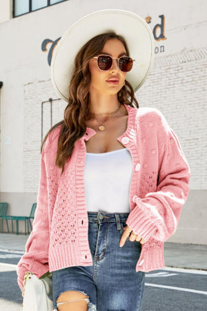 Collect Cheers Openwork Pompom Puff Sleeve Cardigan - MXSTUDIO.COM