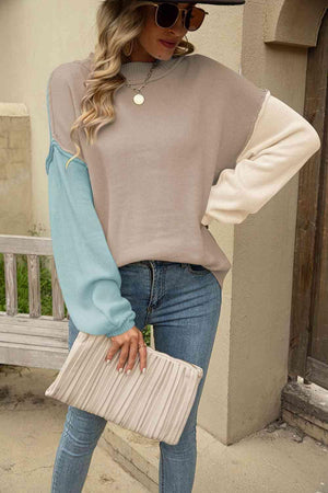 Color Block Dropped Shoulder Sweater - MXSTUDIO.COM