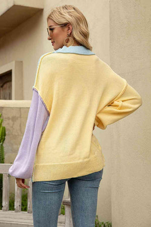 Color Block Dropped Shoulder Sweater - MXSTUDIO.COM