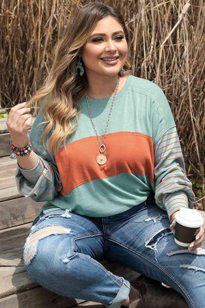 Color Block Plus Size Long Sleeve T-Shirt - MXSTUDIO.COM