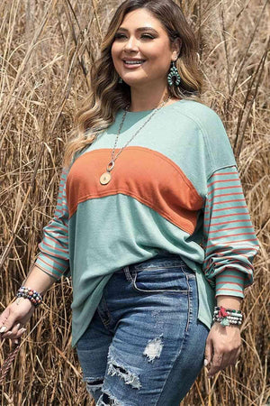 Color Block Plus Size Long Sleeve T-Shirt - MXSTUDIO.COM