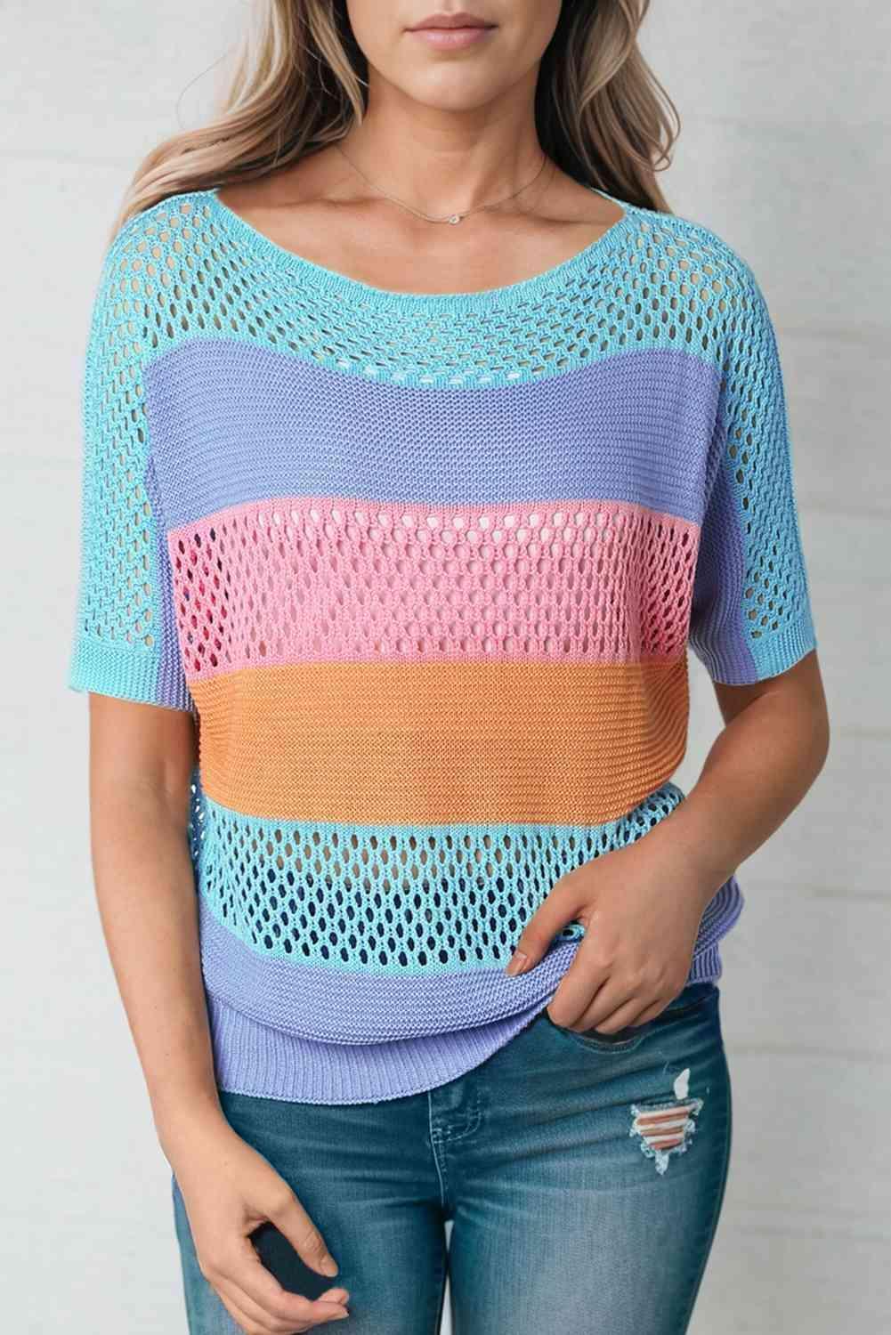 Color Block Short Sleeve See Through Top - MXSTUDIO.COM