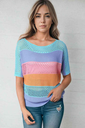 Color Block Short Sleeve See Through Top - MXSTUDIO.COM