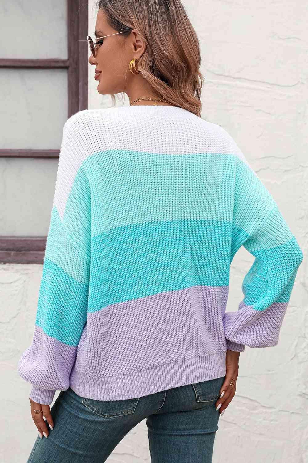 Colorful Ribbed Striped Balloon Sleeve Sweater - MXSTUDIO.COM