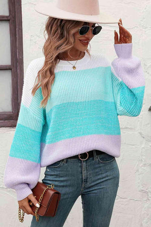 Colorful Ribbed Striped Balloon Sleeve Sweater - MXSTUDIO.COM