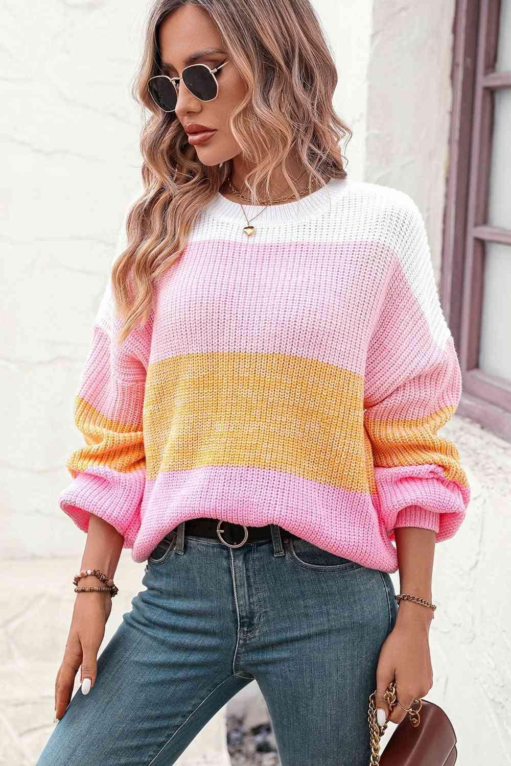 Colorful Ribbed Striped Balloon Sleeve Sweater - MXSTUDIO.COM