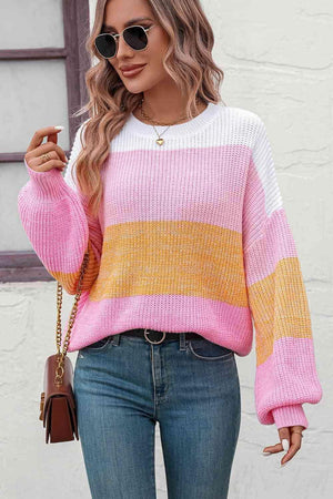 Colorful Ribbed Striped Balloon Sleeve Sweater - MXSTUDIO.COM