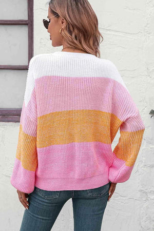Colorful Ribbed Striped Balloon Sleeve Sweater - MXSTUDIO.COM