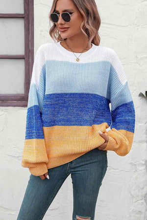 Colorful Ribbed Striped Balloon Sleeve Sweater - MXSTUDIO.COM
