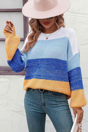 Colorful Ribbed Striped Balloon Sleeve Sweater - MXSTUDIO.COM