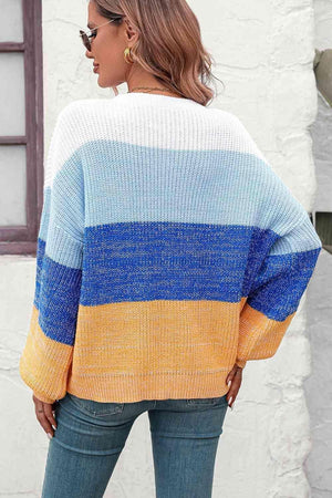 Colorful Ribbed Striped Balloon Sleeve Sweater - MXSTUDIO.COM