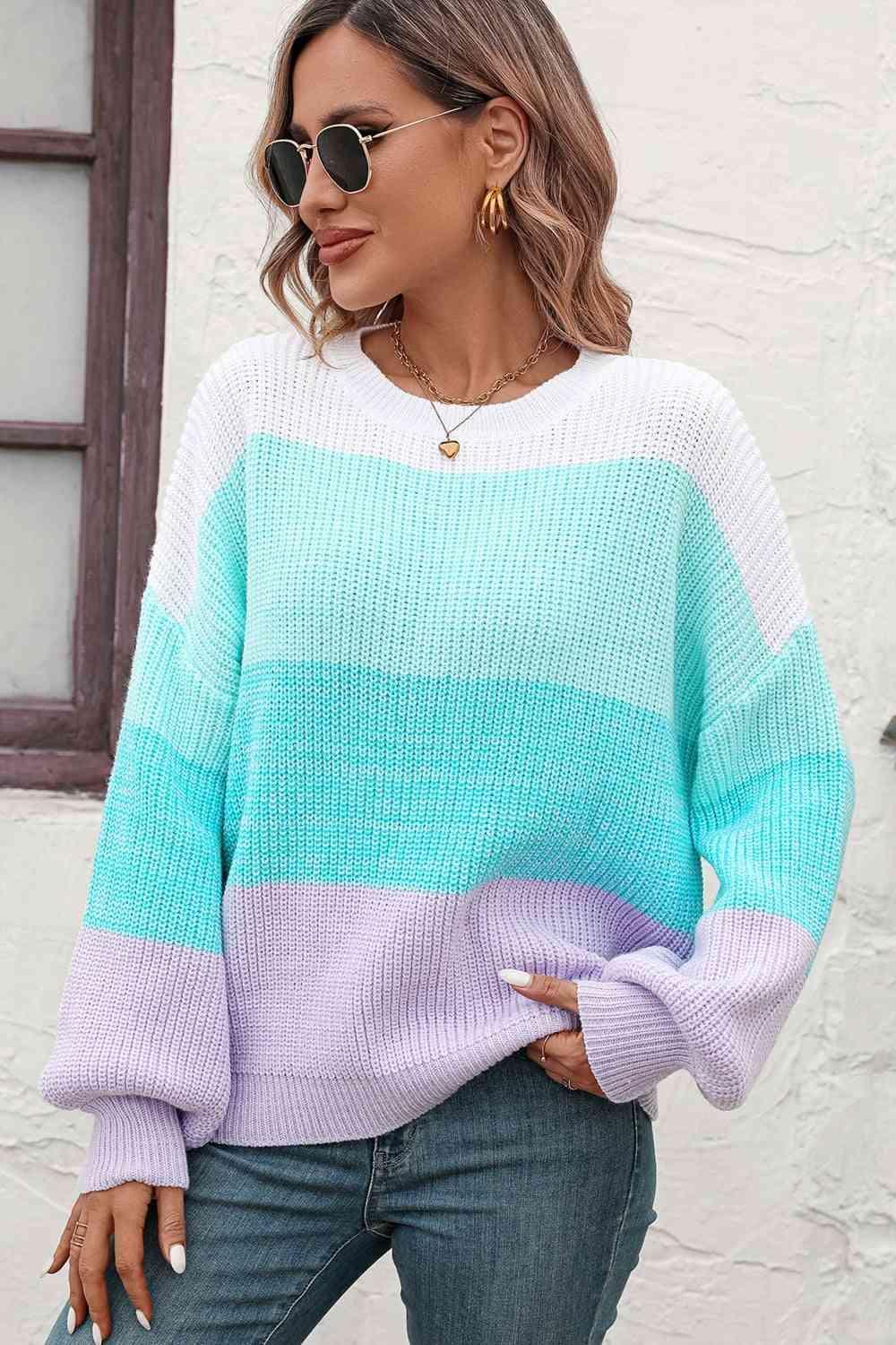Colorful Ribbed Striped Balloon Sleeve Sweater - MXSTUDIO.COM