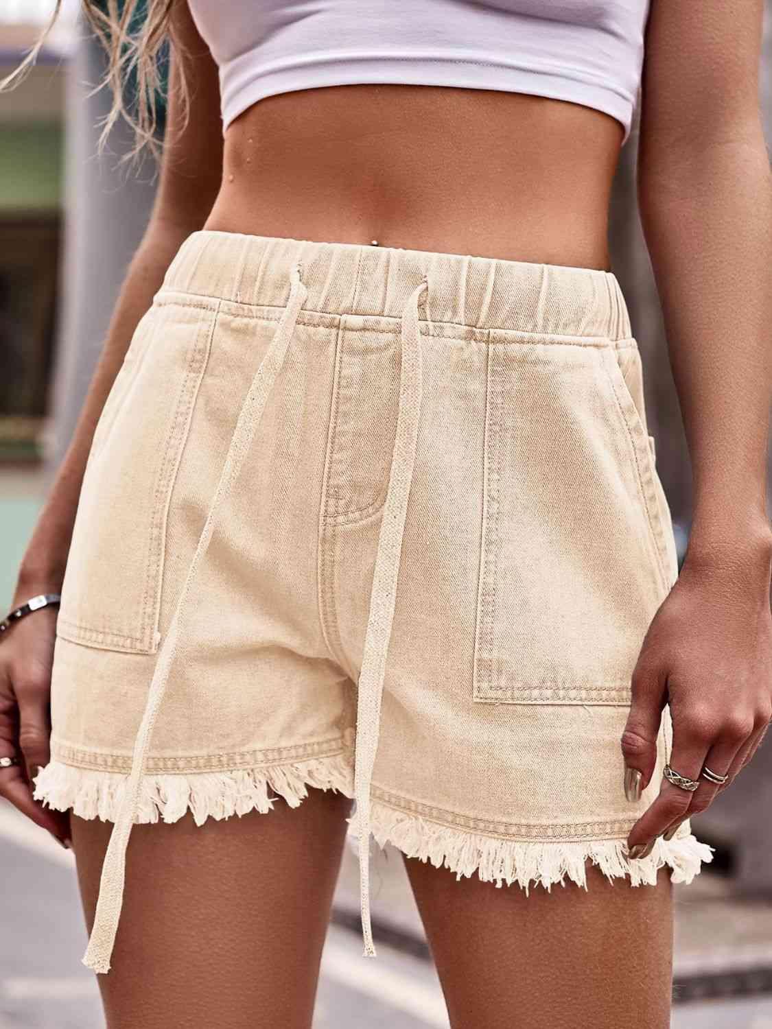 Comfort And Style Raw Hem Drawstring Denim Shorts - MXSTUDIO.COM