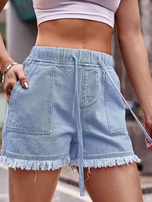 Comfort And Style Raw Hem Drawstring Denim Shorts - MXSTUDIO.COM