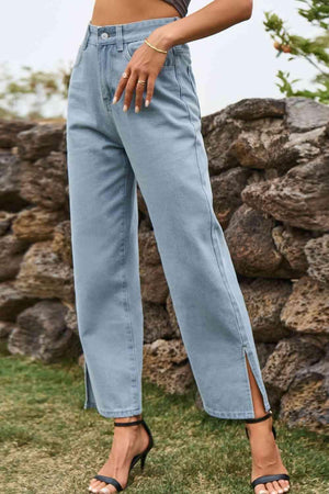 Comfy All Day High Waist Loose Fit Ankle Slit Jeans - MXSTUDIO.COM