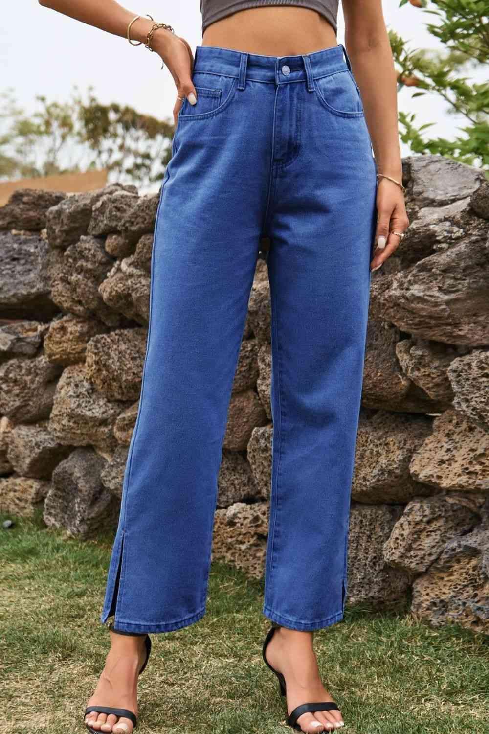 Comfy All Day High Waist Loose Fit Ankle Slit Jeans - MXSTUDIO.COM