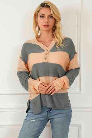 Comfy Chic Quarter Button Striped Henley Sweater - MXSTUDIO.COM