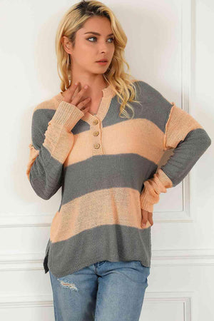 Comfy Chic Quarter Button Striped Henley Sweater - MXSTUDIO.COM