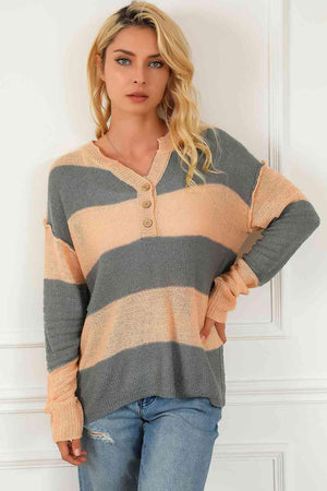 Comfy Chic Quarter Button Striped Henley Sweater - MXSTUDIO.COM
