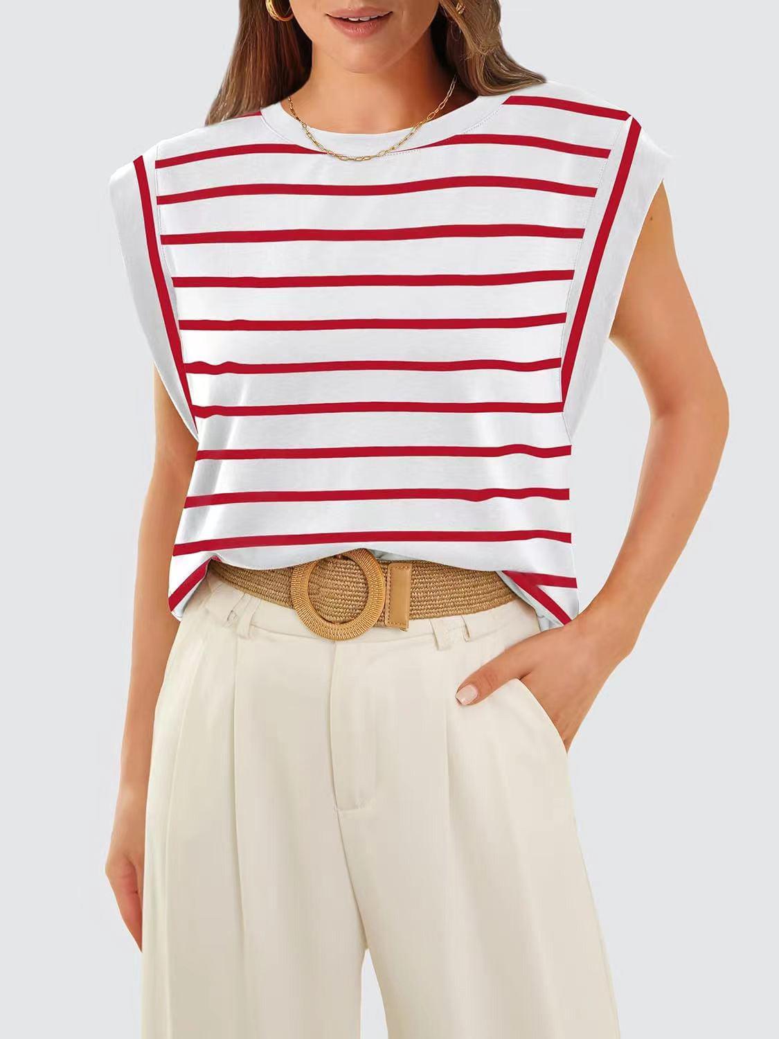 a woman wearing a red and white striped top