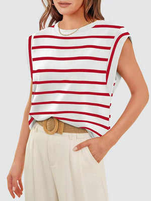 a woman wearing a red and white striped top