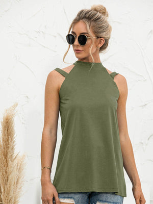 Commanding Look Cutout Mock Neck Tank Top - MXSTUDIO.COM