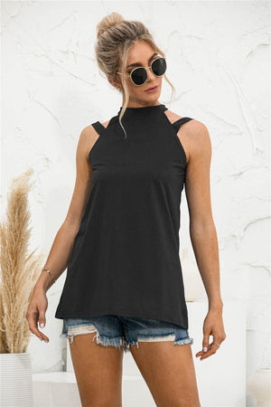 Commanding Look Cutout Mock Neck Tank Top - MXSTUDIO.COM