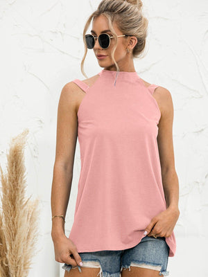 Commanding Look Cutout Mock Neck Tank Top - MXSTUDIO.COM