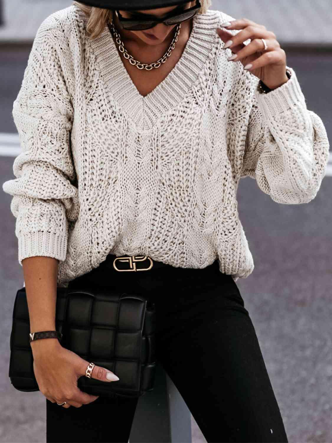 Consistent Warmth V Neck Cable Knit Sweater-MXSTUDIO.COM