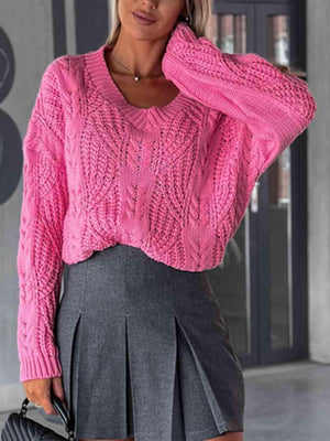 Consistent Warmth V Neck Cable Knit Sweater-MXSTUDIO.COM