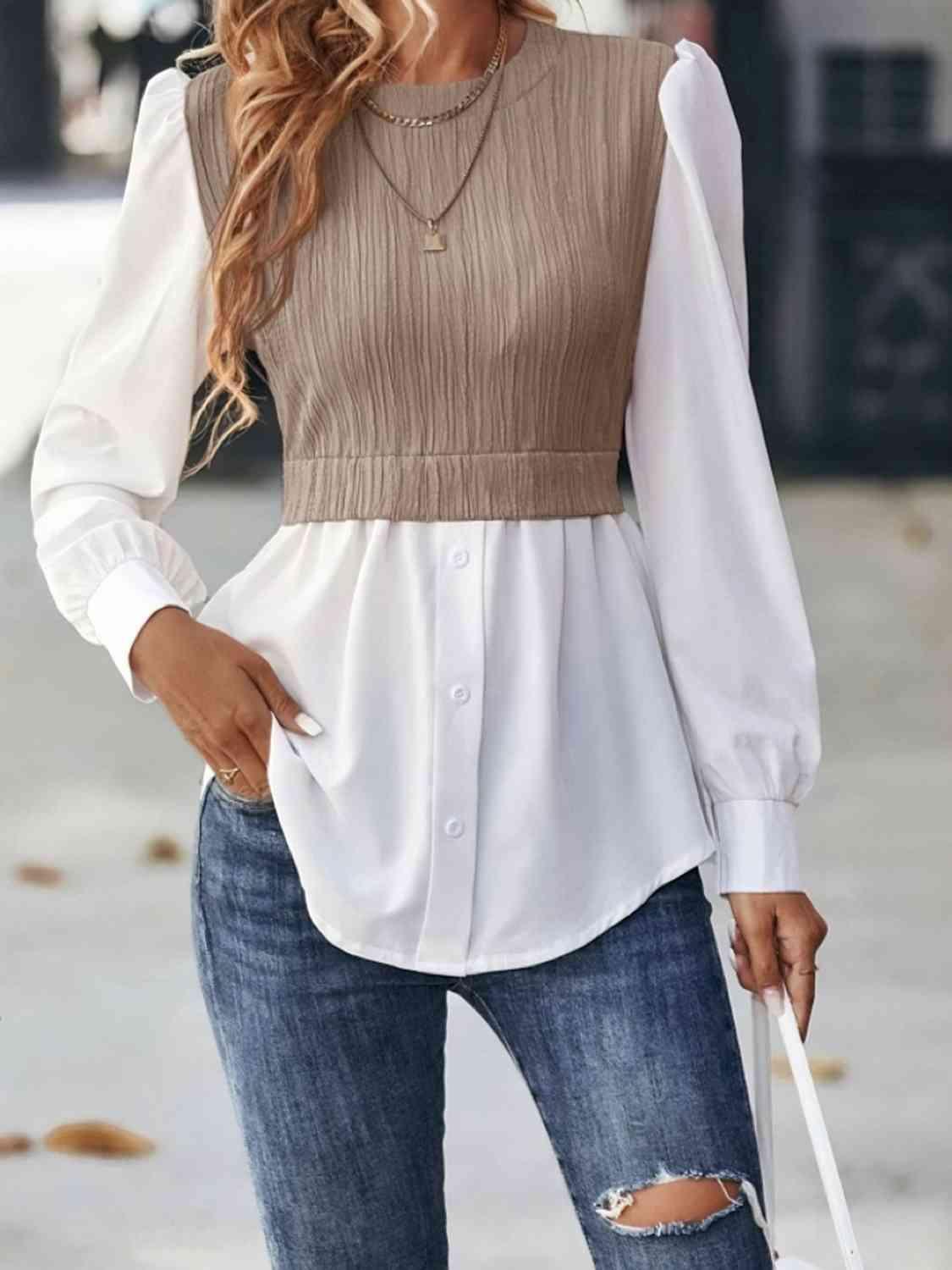 a woman wearing a white blouse and ripped jeans