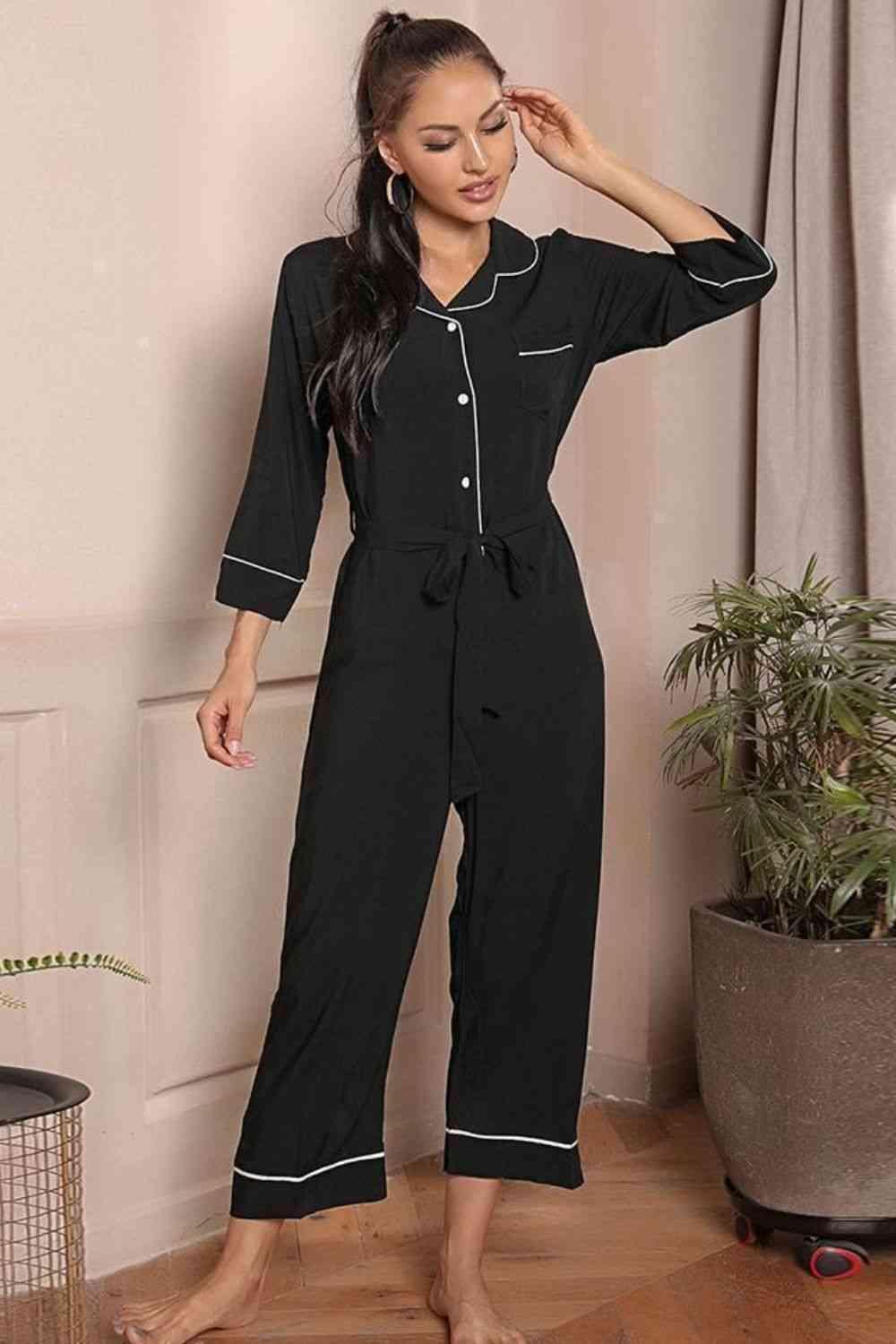 Contrast Piping Lapel Collar One Piece Black Jumpsuit - MXSTUDIO.COM