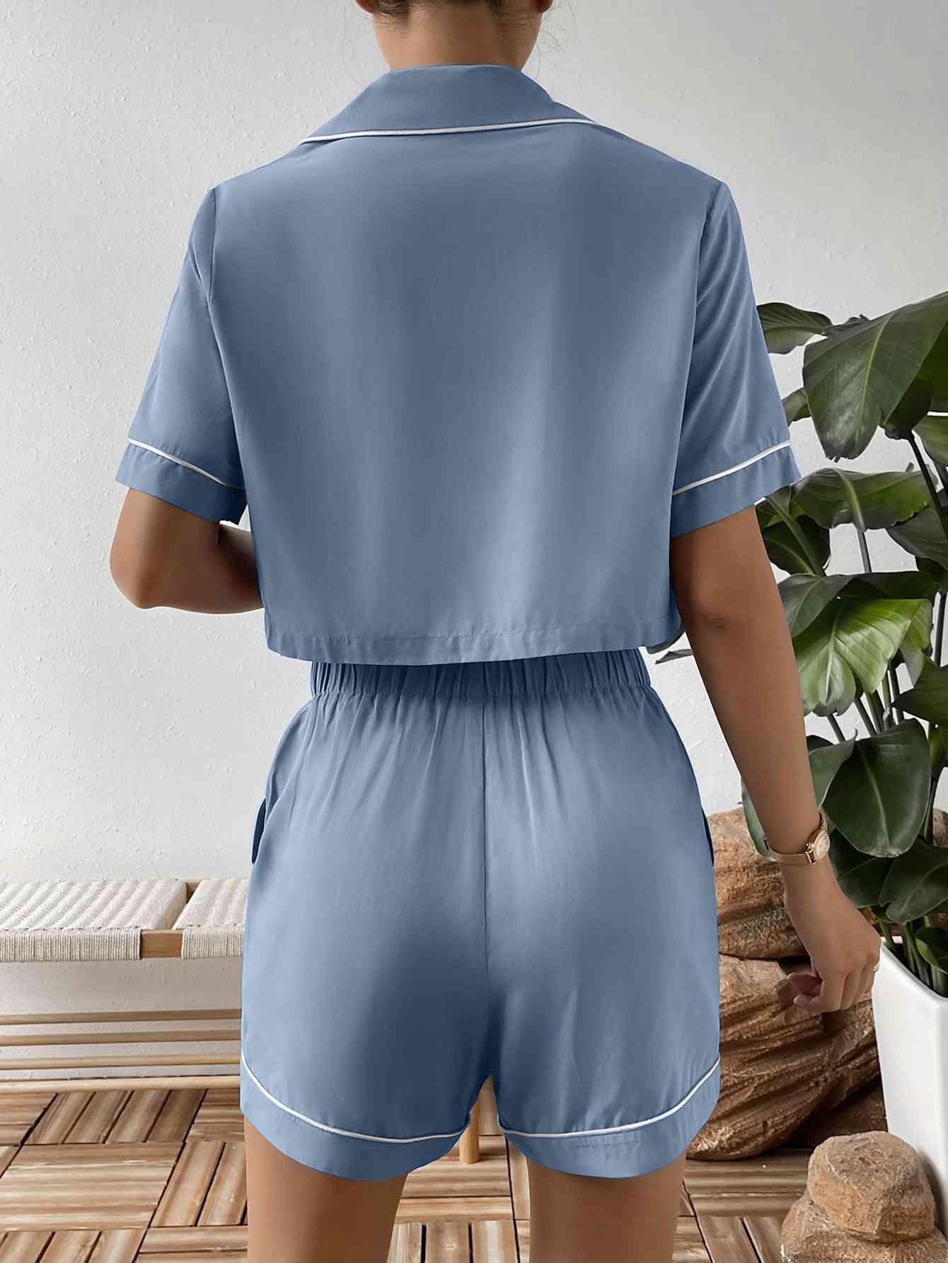 Contrast Piping Shorts And Shirt Pajama Set - MXSTUDIO.COM