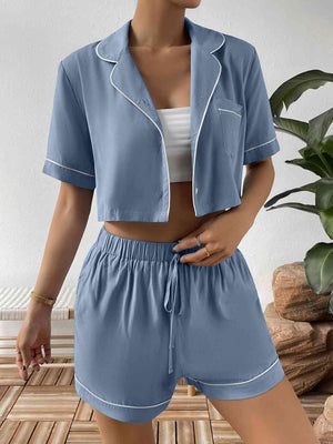 Contrast Piping Shorts And Shirt Pajama Set - MXSTUDIO.COM