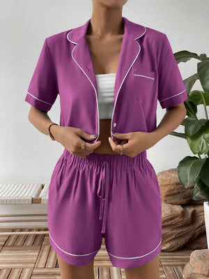 Contrast Piping Shorts And Shirt Pajama Set - MXSTUDIO.COM