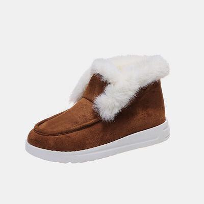 a pair of brown slippers with white fur