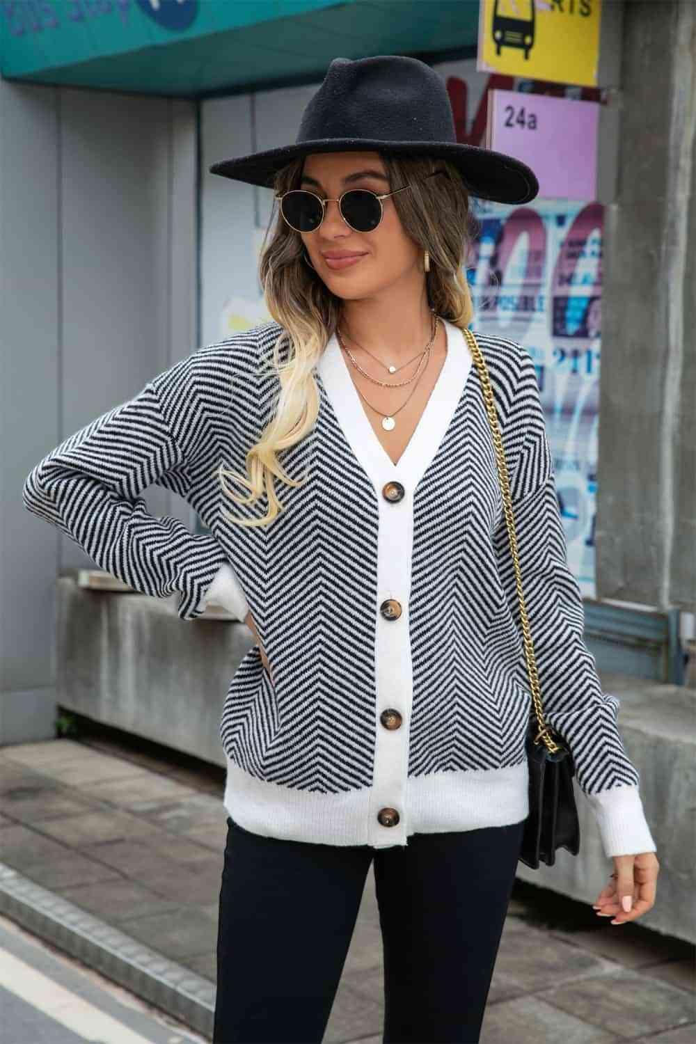 Cool Air Ensemble Chevron Button Up Cardigan - MXSTUDIO.COM