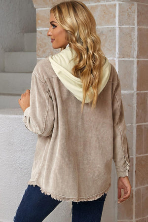 Cool Hooded Shacket with Frayed Hem - MXSTUDIO.COM