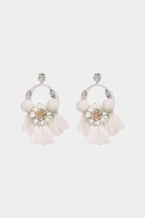 Cotton Cord White Tassel Dangle Earrings-MXSTUDIO.COM