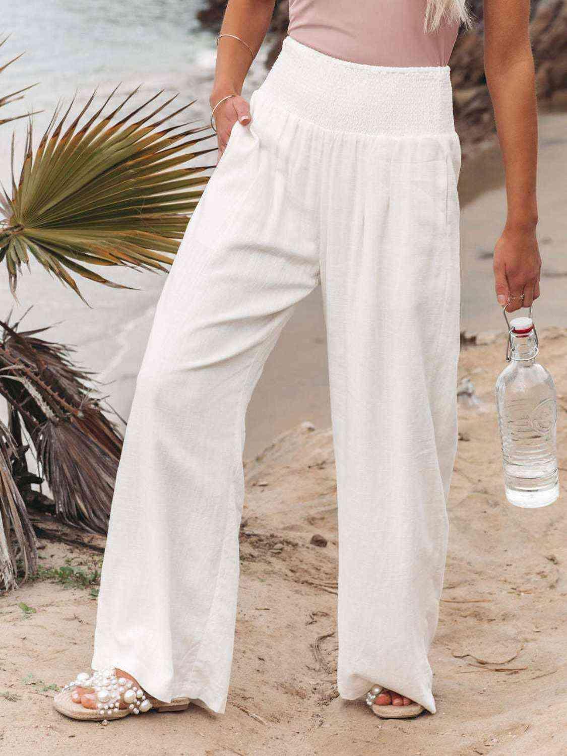Cotton Smocked Waist Wide Leg Pants - MXSTUDIO.COM