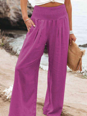 Cotton Smocked Waist Wide Leg Pants - MXSTUDIO.COM