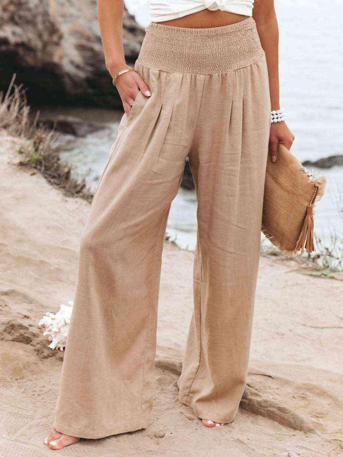 Cotton Smocked Waist Wide Leg Pants - MXSTUDIO.COM