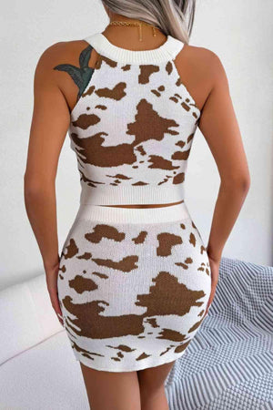 Cow Print Knitted Crop Top And Mini Skirt Set-MXSTUDIO.COM