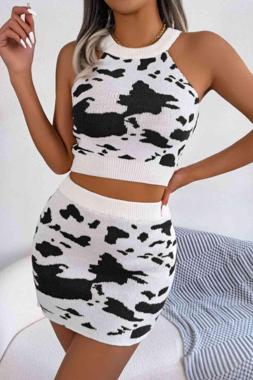 Cow Print Knitted Crop Top And Mini Skirt Set-MXSTUDIO.COM