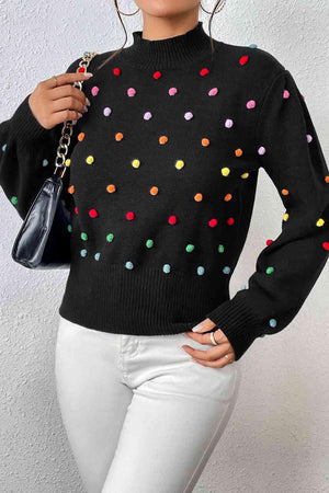 Cozy Aesthetic Mock Neck Pom-Pom Sweater-MXSTUDIO.COM