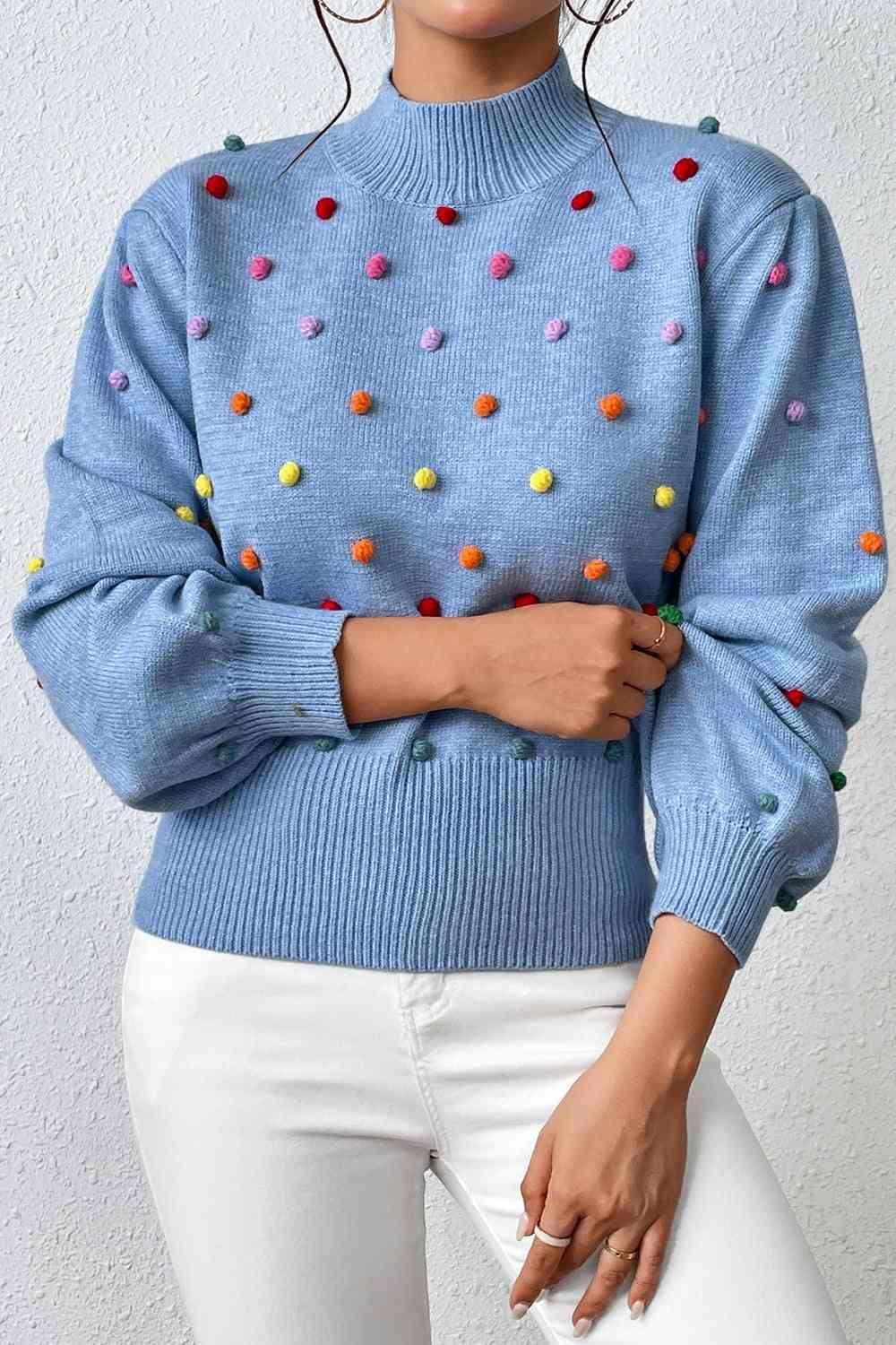 Cozy Aesthetic Mock Neck Pom-Pom Sweater-MXSTUDIO.COM