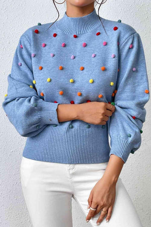 Cozy Aesthetic Mock Neck Pom-Pom Sweater-MXSTUDIO.COM